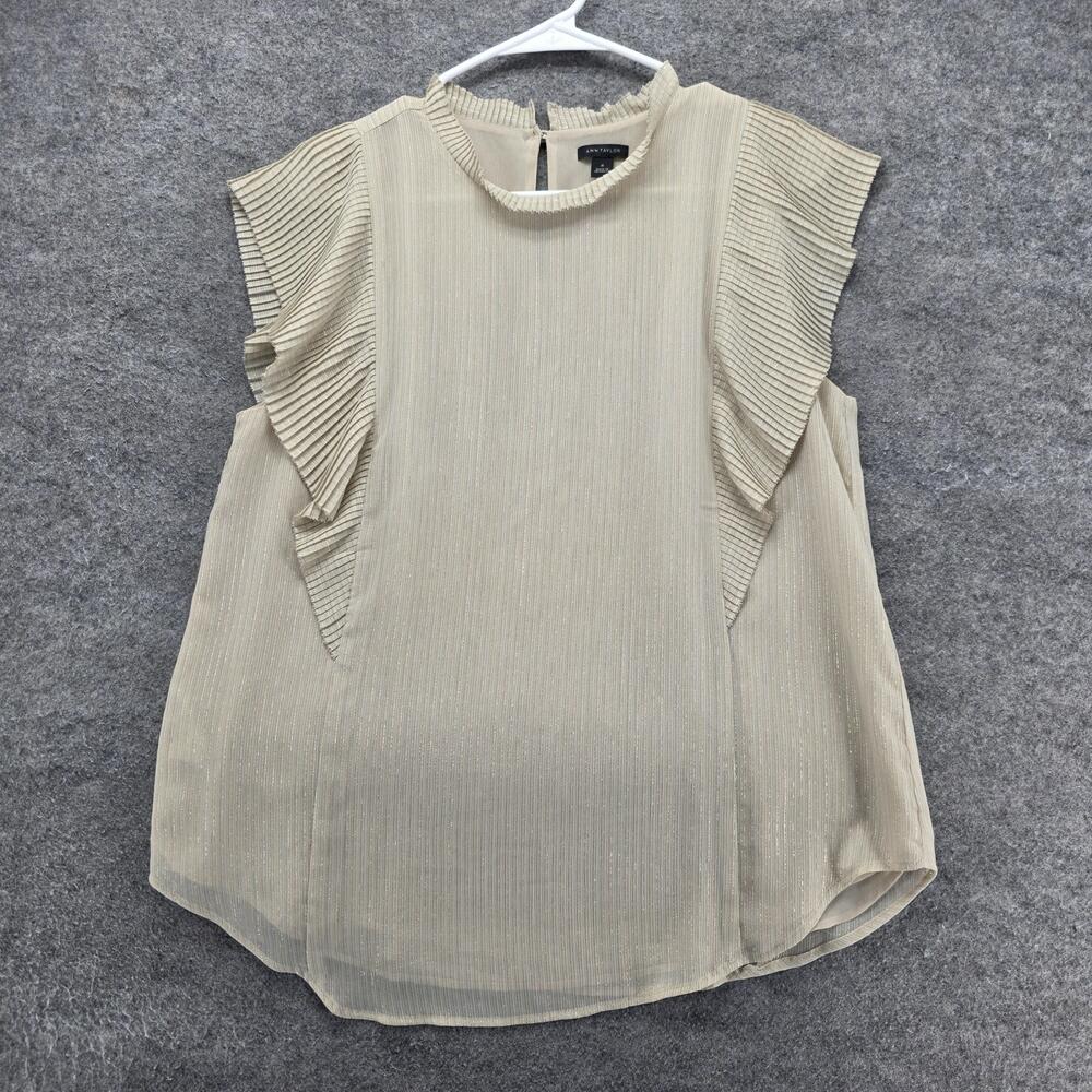 Ann Taylor Blouse Womens M White Sleeveless Round Neck Pleated Ruffle Lined